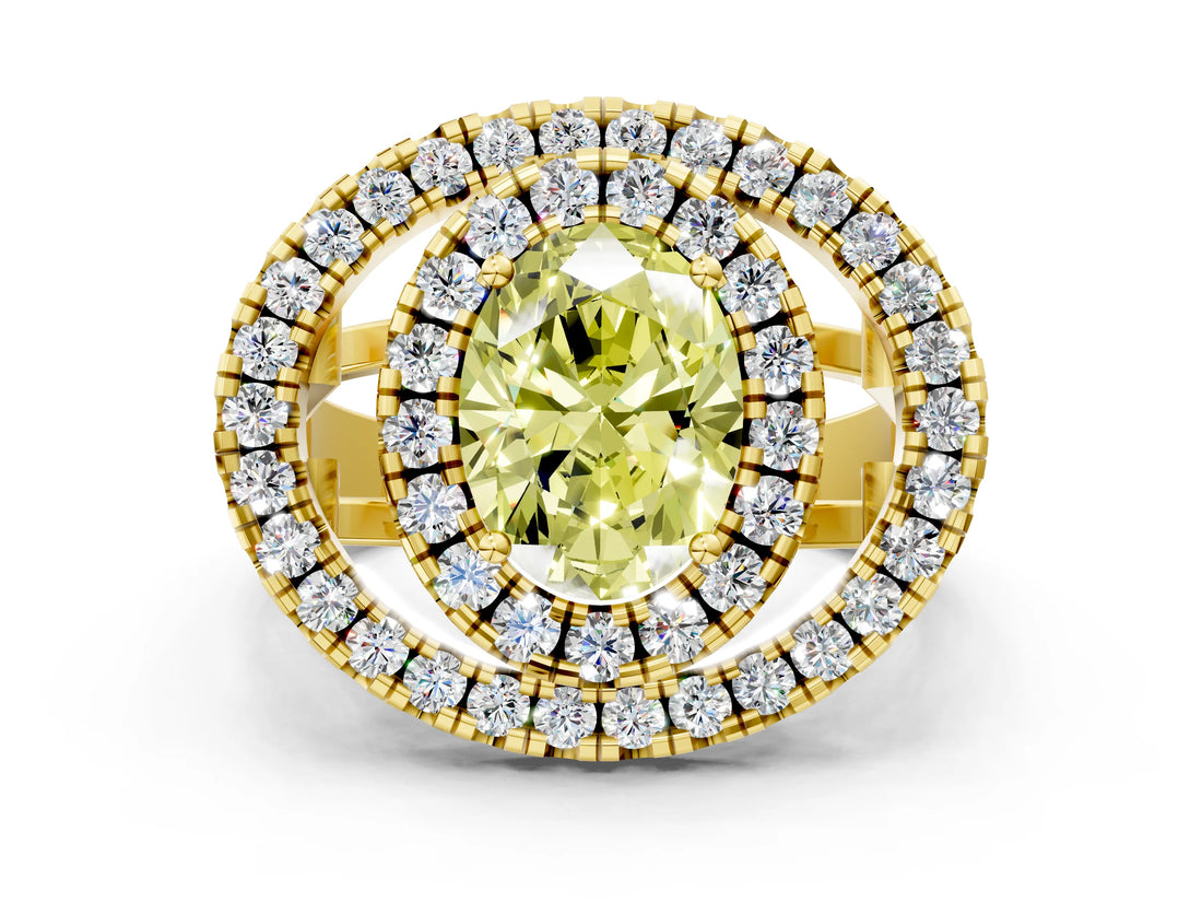 Yellow gold Double Halo Fancy Yellow Oval Cut Diamond Split Shank Prong Setting Ring
