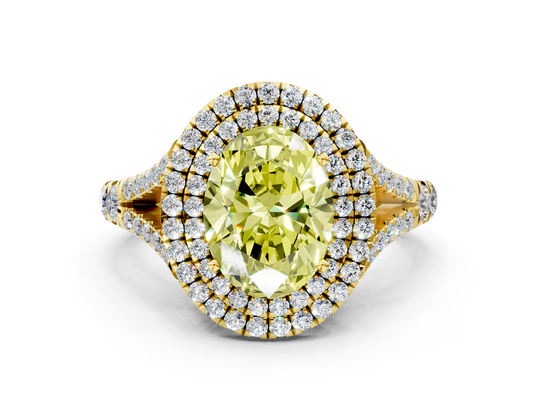Yellow gold Double Halo Fancy Yellow Oval  Cut Diamond Split Shank Ring with Four Prong Setting_20
