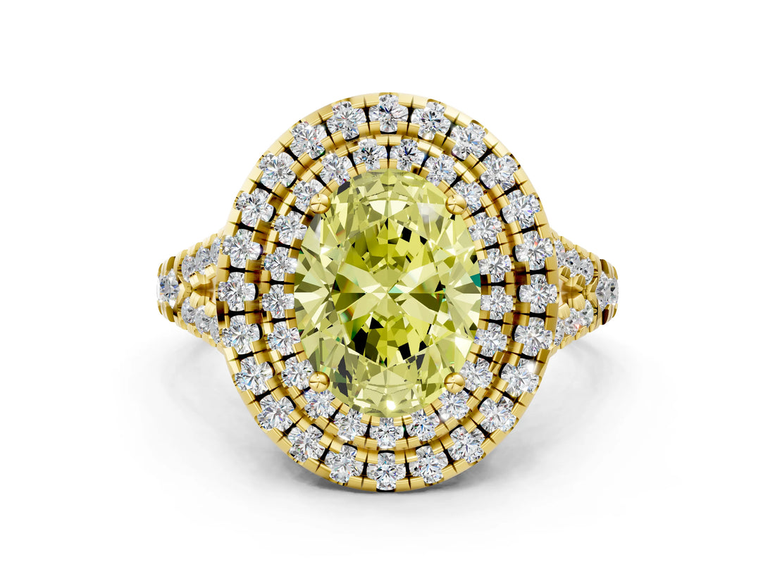 Yellow gold Double Halo Fancy Yellow Oval  Cut Pave Split Shank Prong Set Ring_15