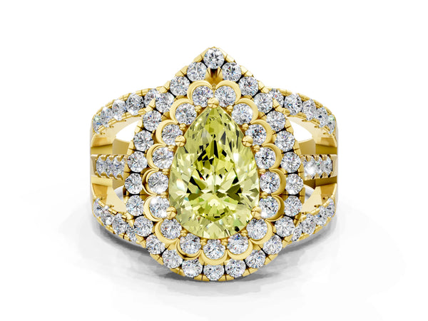 Yellow gold Double Halo Fancy Yellow Pear Cut Diamond Split Shank Pave Set Ring