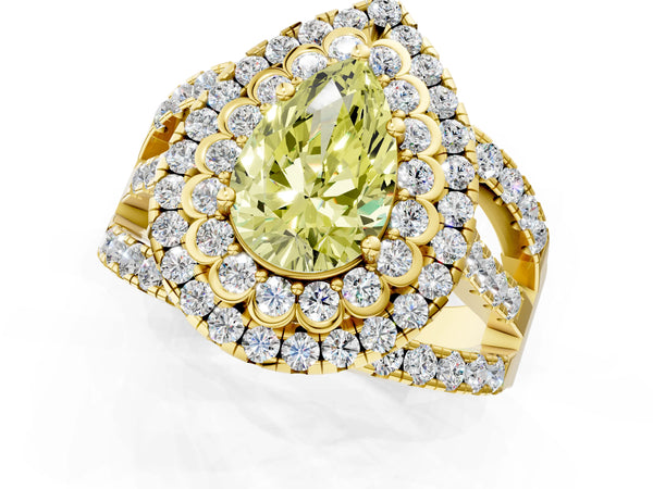 Yellow gold Double Halo Fancy Yellow Pear Cut Diamond Split Shank Pave Set Ring