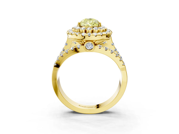 Yellow gold Double Halo Fancy Yellow Pear Cut Diamond Split Shank Pave Set Ring