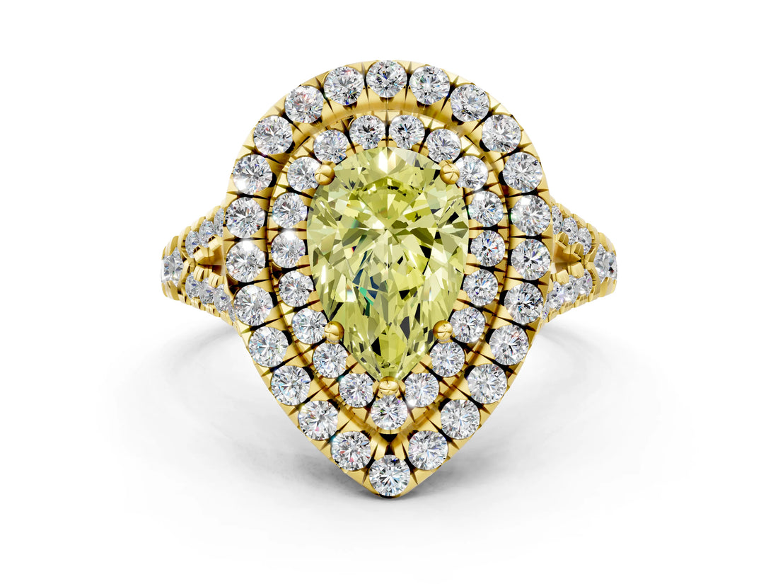 Yellow gold Double Halo Fancy Yellow Pear  Cut Pave Split Shank Prong Set Ring_15
