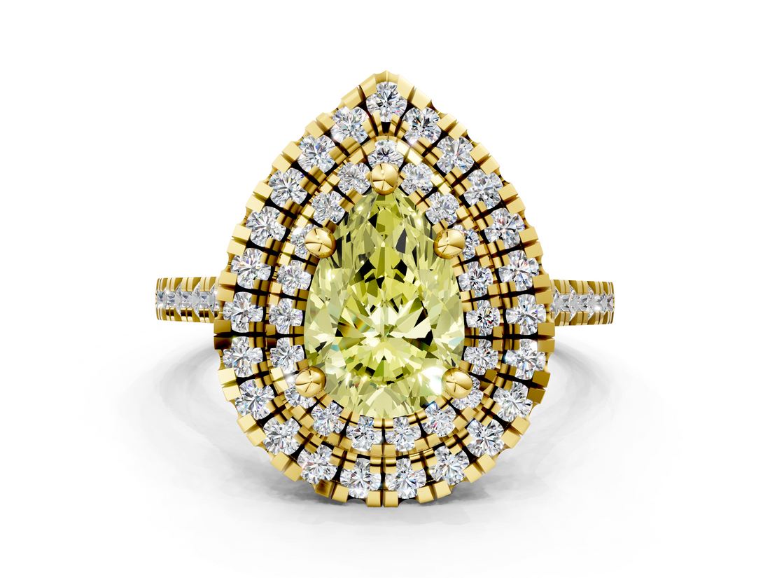 Yellow gold Double Halo Fancy Yellow Pear  Diamond Pave Band with Four-Prong Setting_46