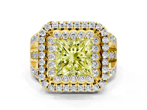 Yellow gold Double Halo Fancy Yellow Princess Cut Diamond Split Shank Pave Set Ring