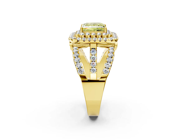 Yellow gold Double Halo Fancy Yellow Princess Cut Diamond Split Shank Pave Set Ring
