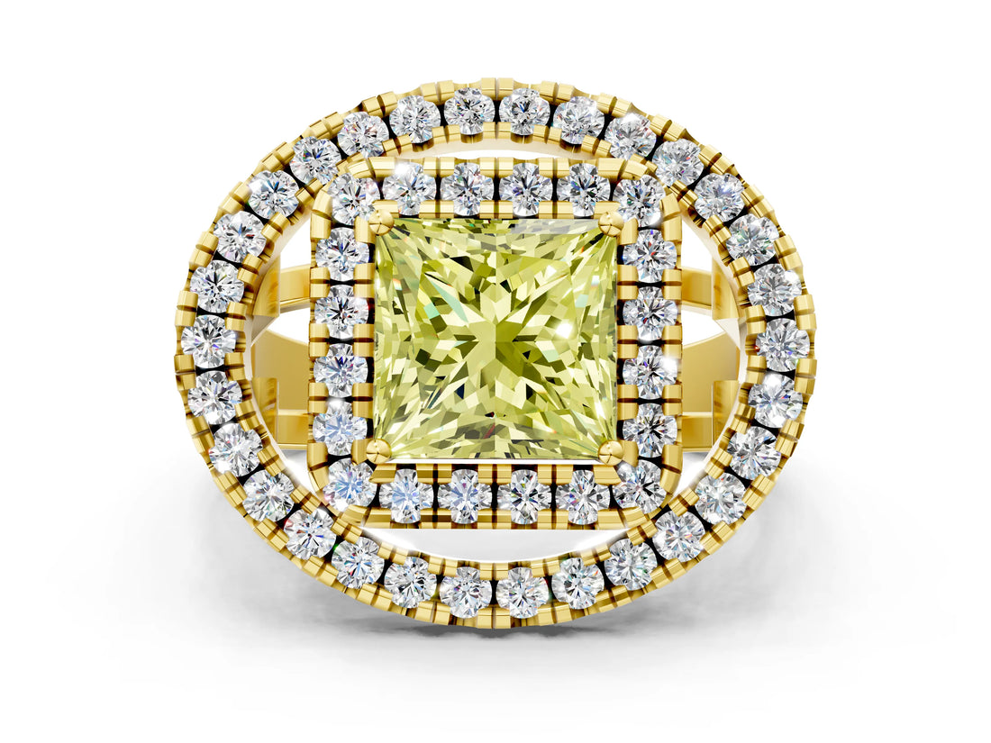 Yellow gold Double Halo Fancy Yellow Princess Cut Diamond Split Shank Prong Setting Ring
