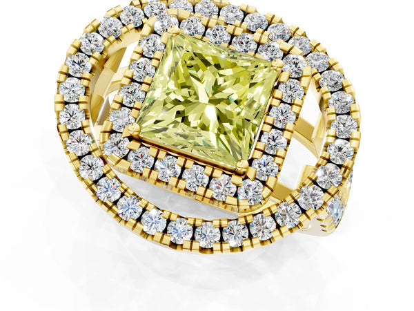 Yellow Gold Princess Cut Halo Engagement Ring Setting for Fancy Yellow Center - Design RJ-762