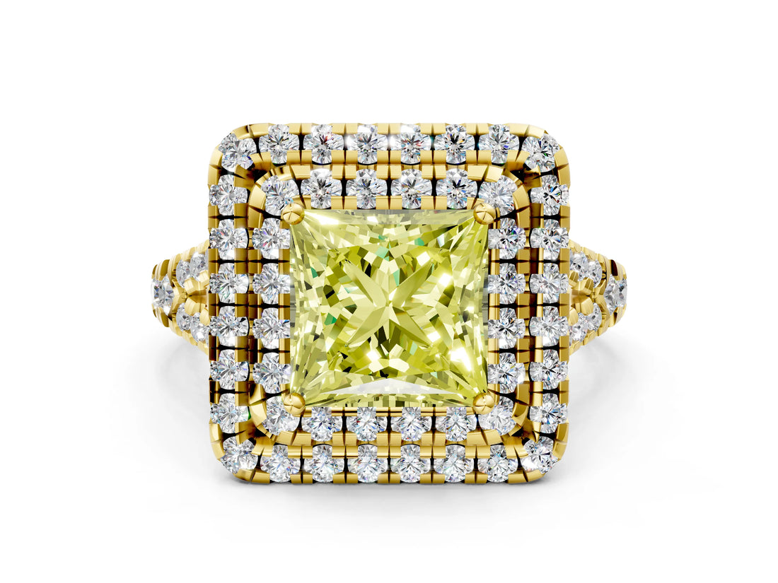 Yellow gold Double Halo Fancy Yellow Princess  Cut Pave Split Shank Prong Set Ring_15