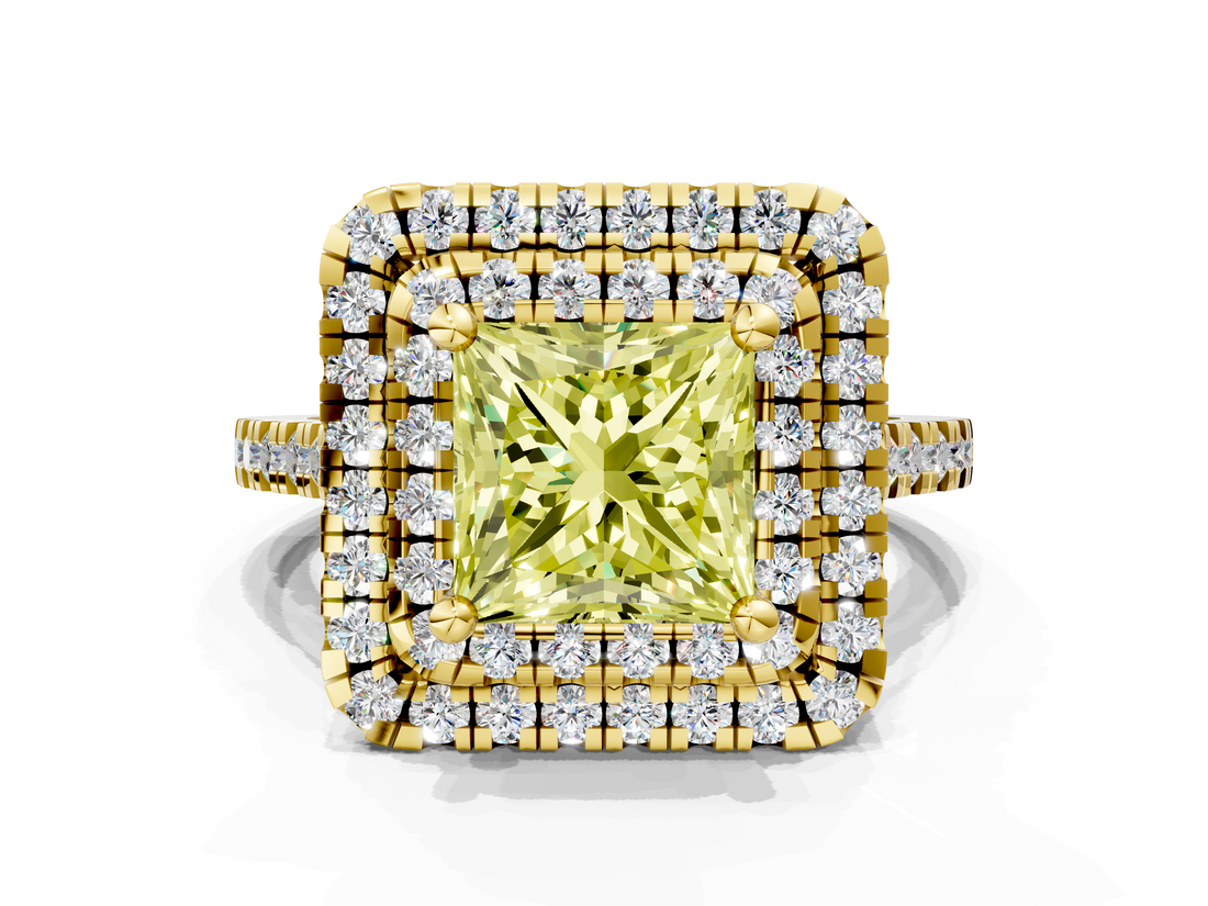 Yellow gold Double Halo Fancy Yellow Princess  Diamond Pave Band with Four-Prong Setting_17