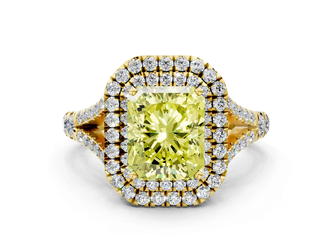 Yellow gold Double Halo Fancy Yellow Radiant Cut Diamond Split Shank Engagement Ring with Four-Prong Setting_3