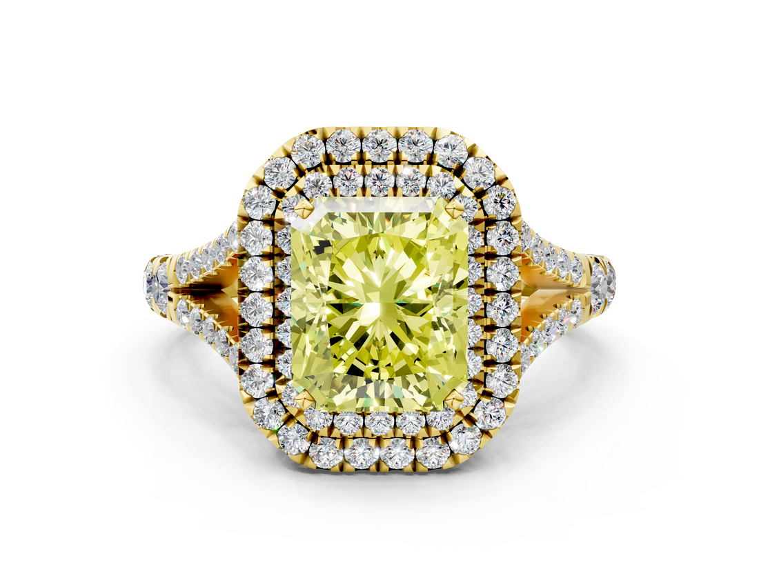 Yellow gold Double Halo Fancy Yellow Radiant  Cut Diamond Split Shank Ring with Four Prong Setting_20