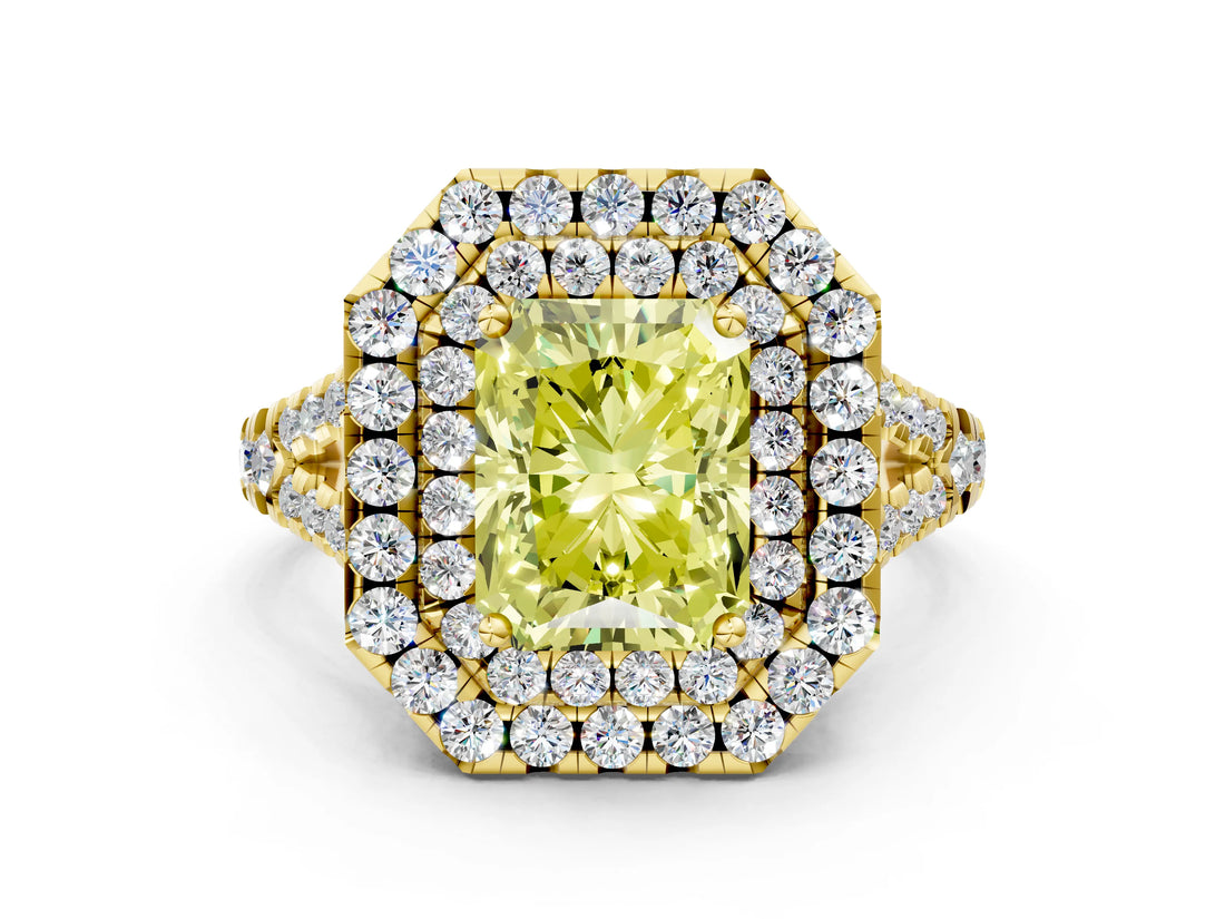 Yellow gold Double Halo Fancy Yellow Radiant  Cut Pave Split Shank Prong Set Ring_15