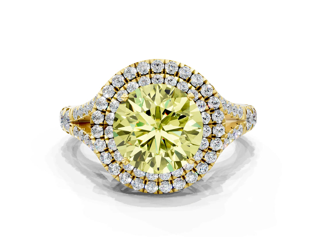 Yellow gold Double Halo Fancy Yellow Round Cut Diamond Split Shank Engagement Ring with Four-Prong Setting_3
