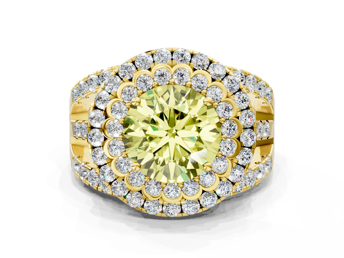 Yellow gold Double Halo Fancy Yellow Round Cut Diamond Split Shank Pave Set Ring_3