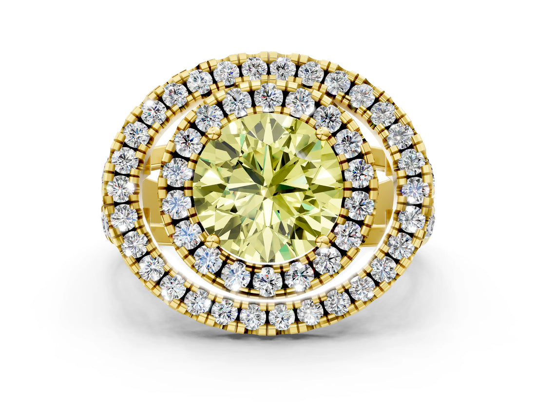 Yellow gold Double Halo Fancy Yellow Round Cut Diamond Split Shank Prong Setting Ring