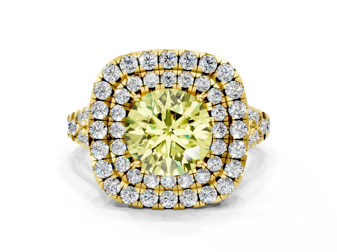 Yellow gold Double Halo Fancy Yellow Round  Cut Pave Split Shank Prong Set Ring_15