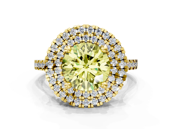 Yellow gold Double Halo Fancy Yellow Round Cut Diamond Pavé Band with Four-Prong Setting