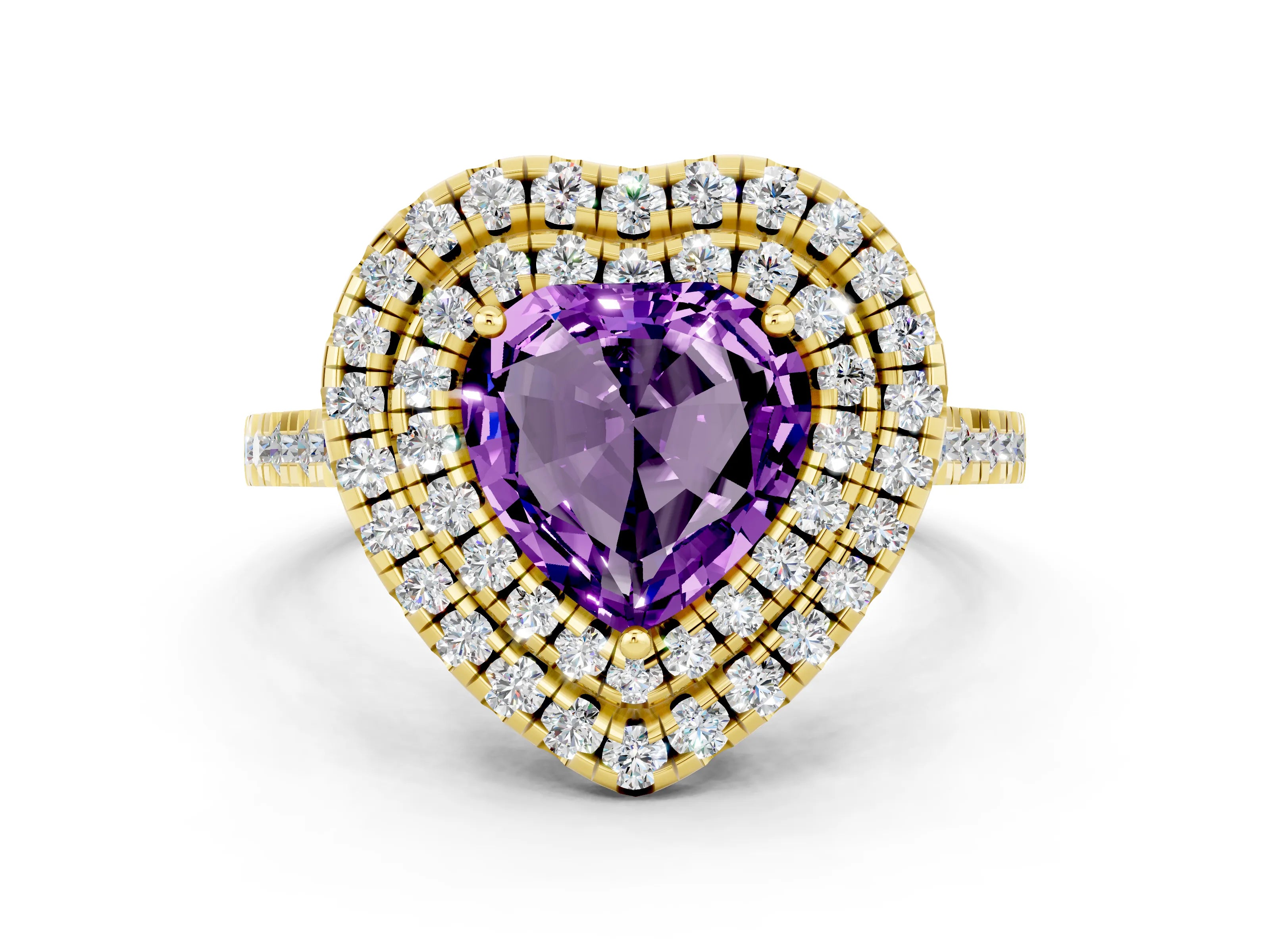 Yellow gold Double Halo Heart Cut Amethyst Pavé Band with Four-Prong Setting