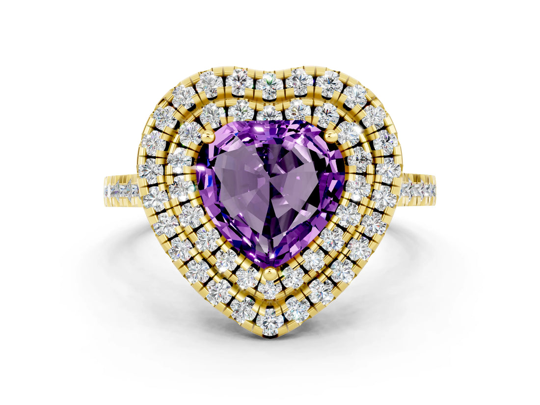 Yellow gold Double Halo Heart Cut Amethyst Pavé Band with Four-Prong Setting