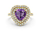 Yellow gold Double Halo Heart Cut Amethyst Pavé Band with Four-Prong Setting