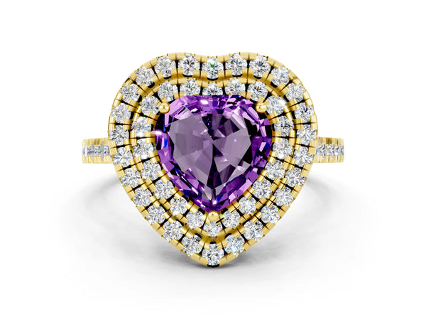 Yellow gold Double Halo Heart Cut Amethyst Pavé Band with Four-Prong Setting
