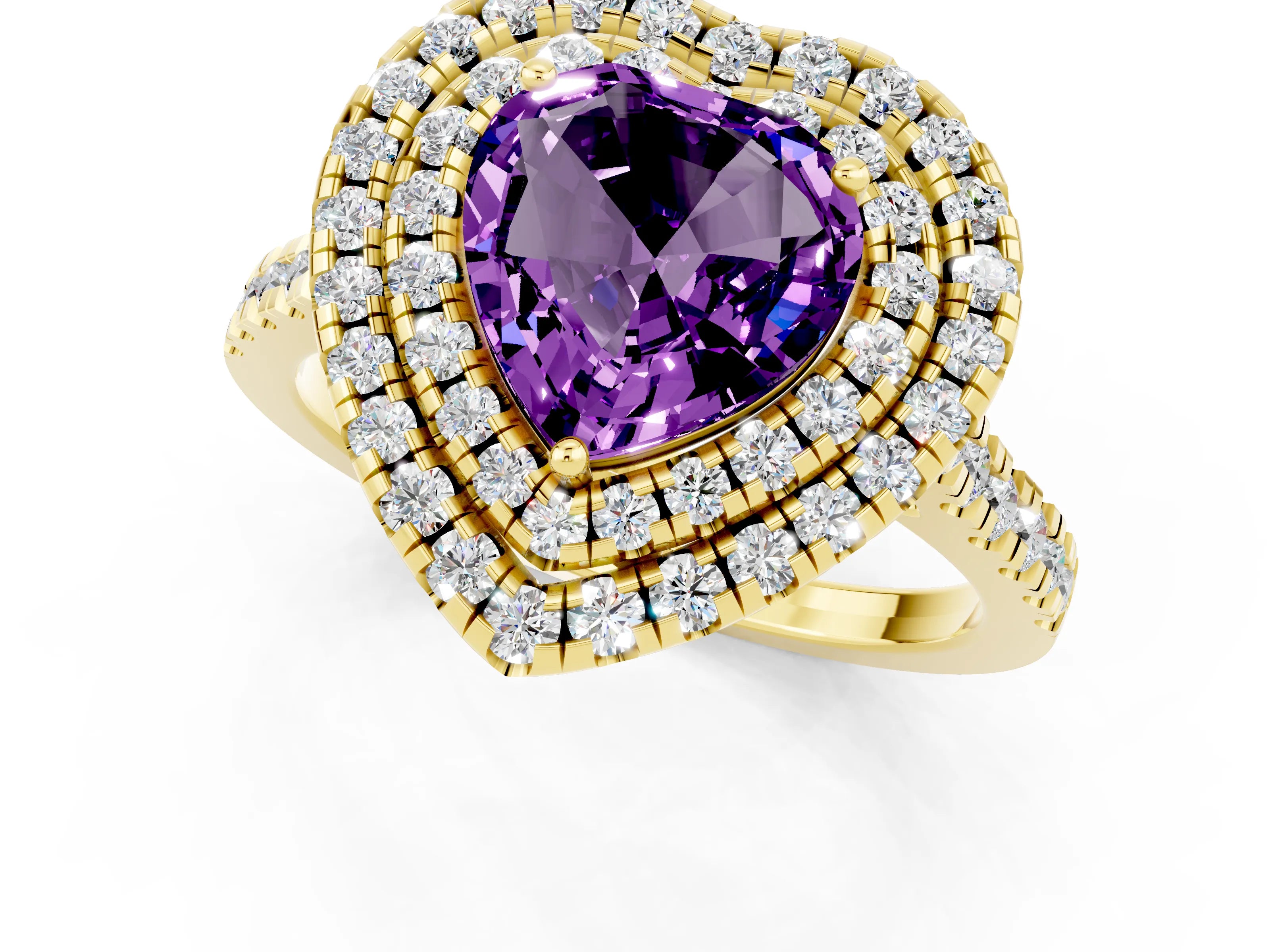 Yellow gold Double Halo Heart Cut Amethyst Pavé Band with Four-Prong Setting_1