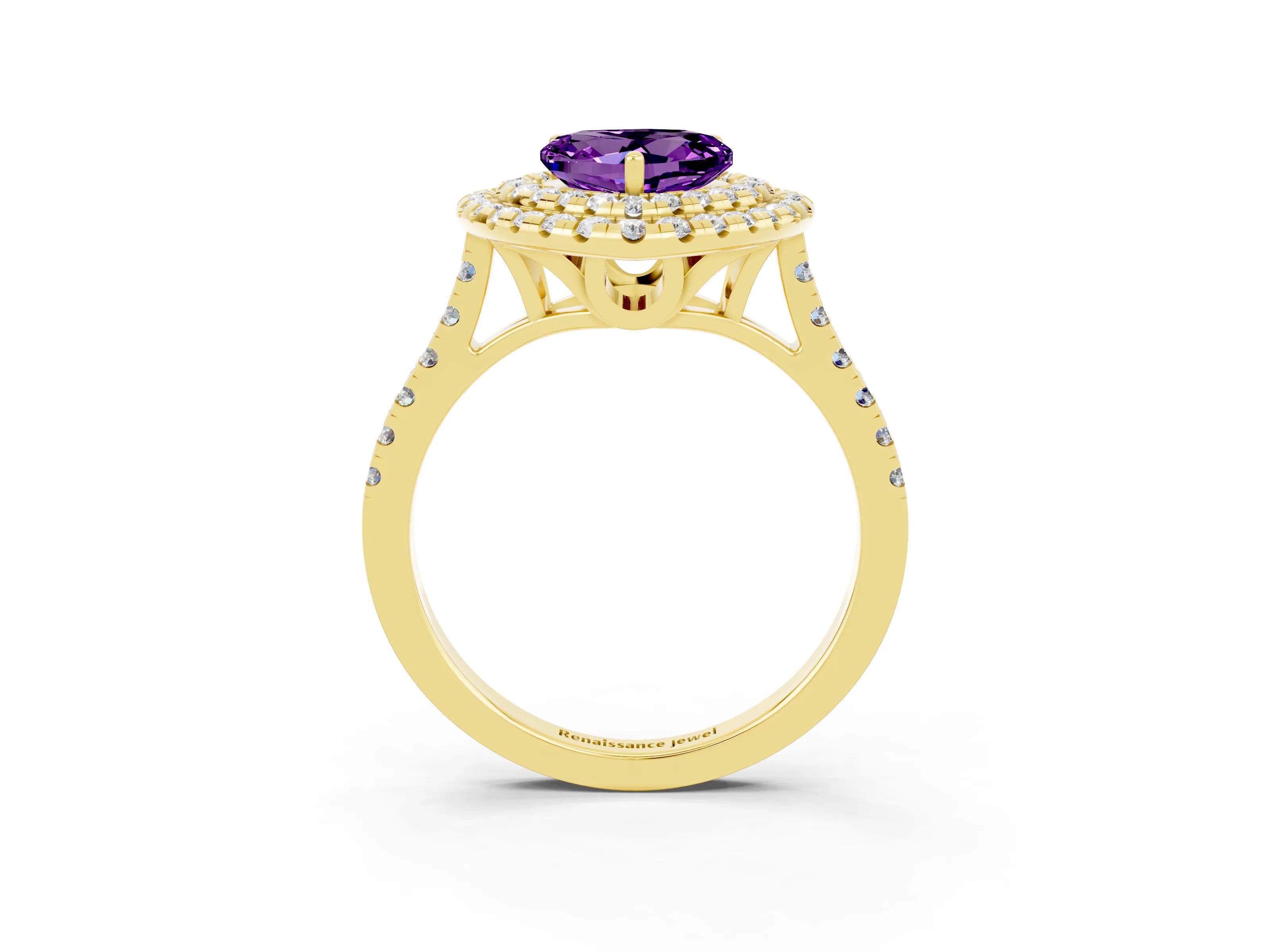 Yellow gold Double Halo Heart Cut Amethyst Pavé Band with Four-Prong Setting_3