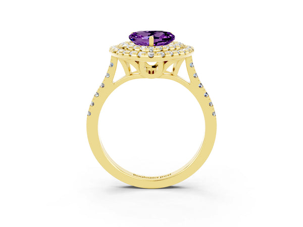 Yellow gold Double Halo Heart Cut Amethyst Pavé Band with Four-Prong Setting