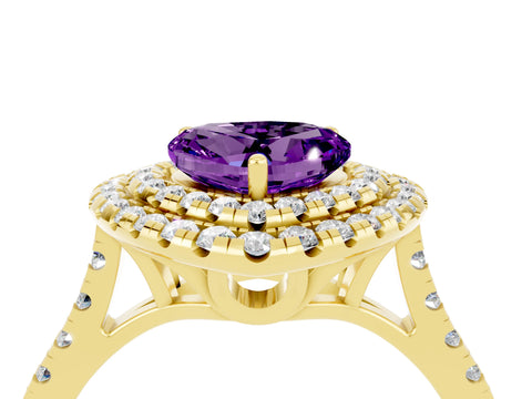 Yellow gold Double Halo Heart Cut Amethyst Pavé Band with Four-Prong Setting_4
