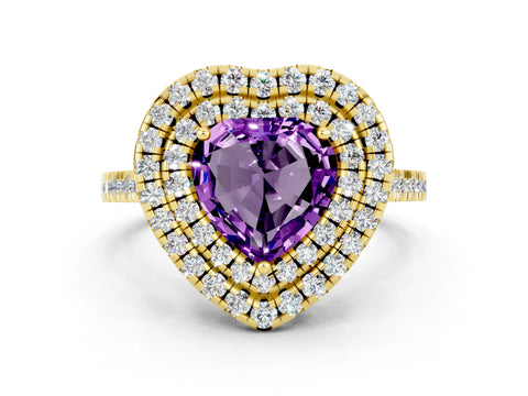 Yellow gold Double Halo Heart Cut Amethyst Pavé Band with Four-Prong Setting