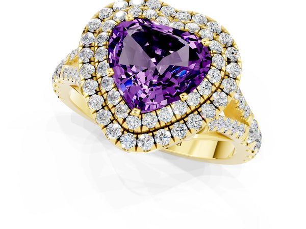 Yellow gold Double Halo Heart Cut Amethyst Pavé Split Shank Ring with Prong Setting