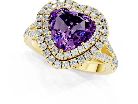 Yellow gold Double Halo Heart Cut Amethyst Pavé Split Shank Ring with Prong Setting_1
