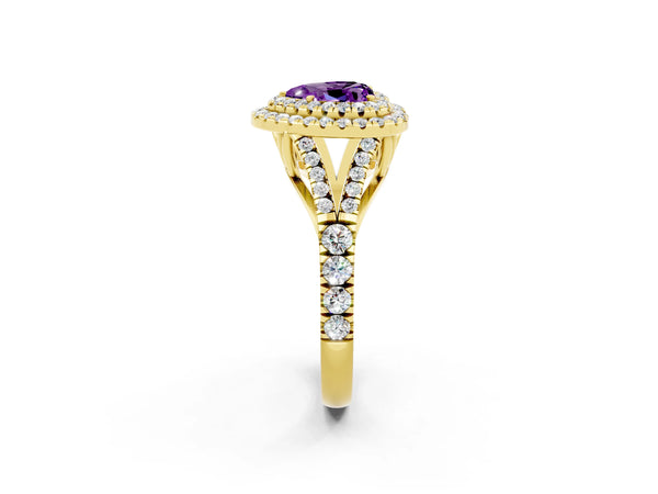 Yellow gold Double Halo Heart Cut Amethyst Pavé Split Shank Ring with Prong Setting
