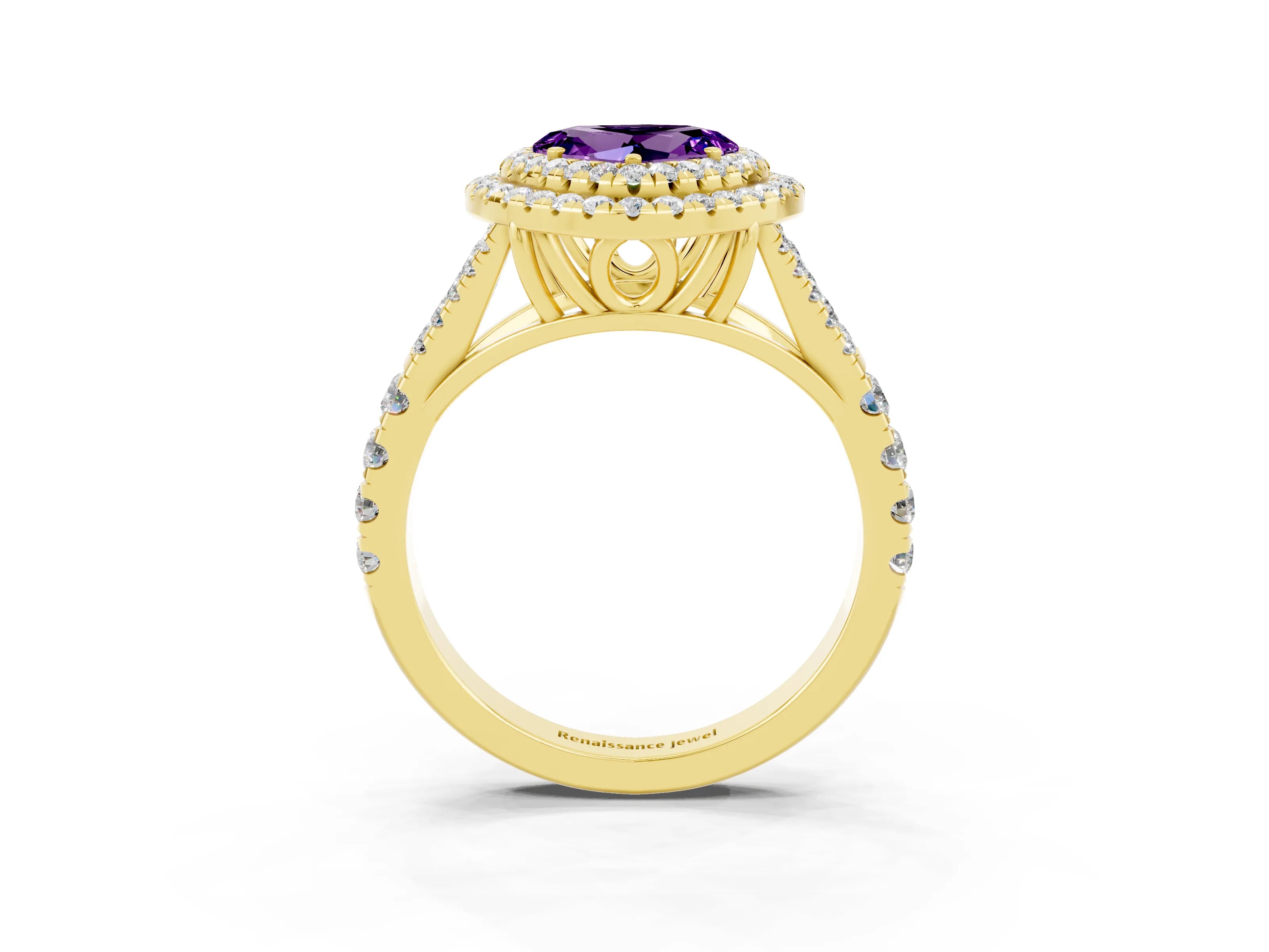 Yellow gold Double Halo Heart Cut Amethyst Pavé Split Shank Ring with Prong Setting_3