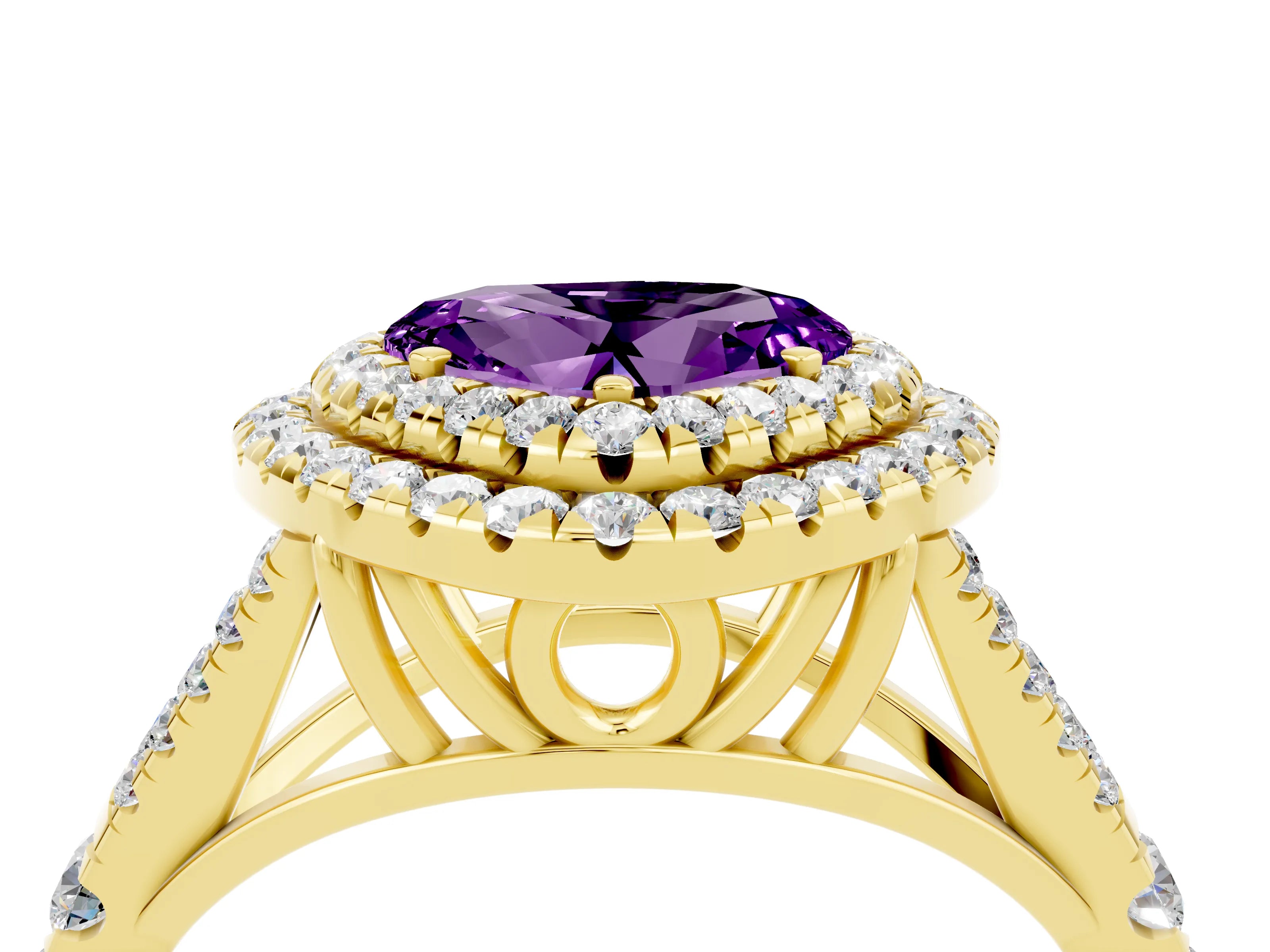 Yellow gold Double Halo Heart Cut Amethyst Pavé Split Shank Ring with Prong Setting_4