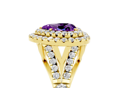 Yellow gold Double Halo Heart Cut Amethyst Pavé Split Shank Ring with Prong Setting_5