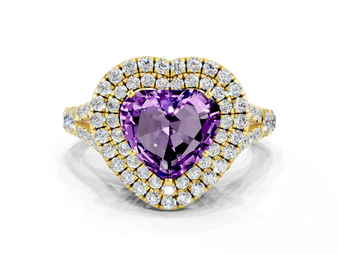 Yellow gold Double Halo Heart Cut Amethyst Pavé Split Shank Ring with Prong Setting