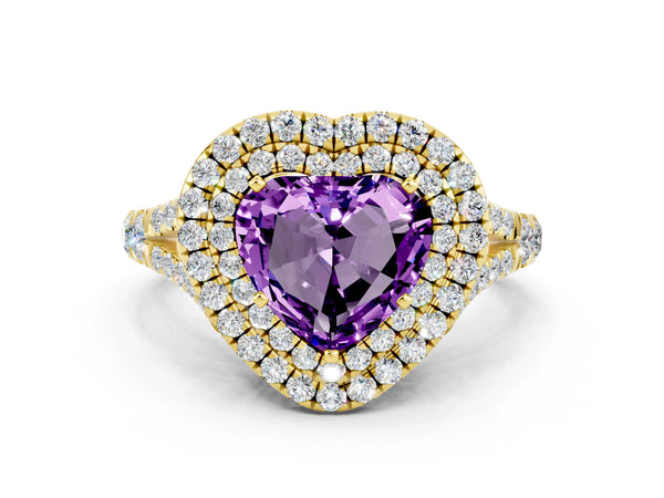Yellow gold Double Halo Heart Cut Amethyst Split Shank Engagement Ring with Four-Prong Setting