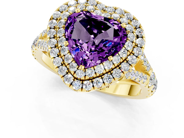 Yellow gold Double Halo Heart Cut Amethyst Split Shank Engagement Ring with Four-Prong Setting