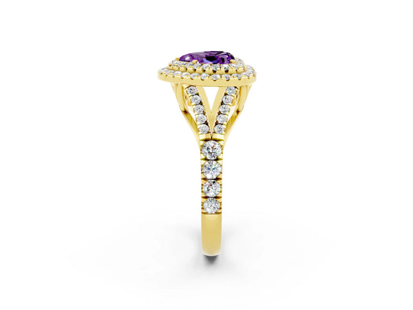 Yellow gold Double Halo Heart Cut Amethyst Split Shank Engagement Ring with Four-Prong Setting