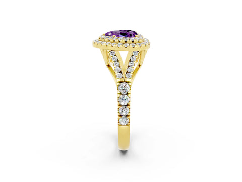 Yellow gold Double Halo Heart Cut Amethyst Split Shank Engagement Ring with Four-Prong Setting_2