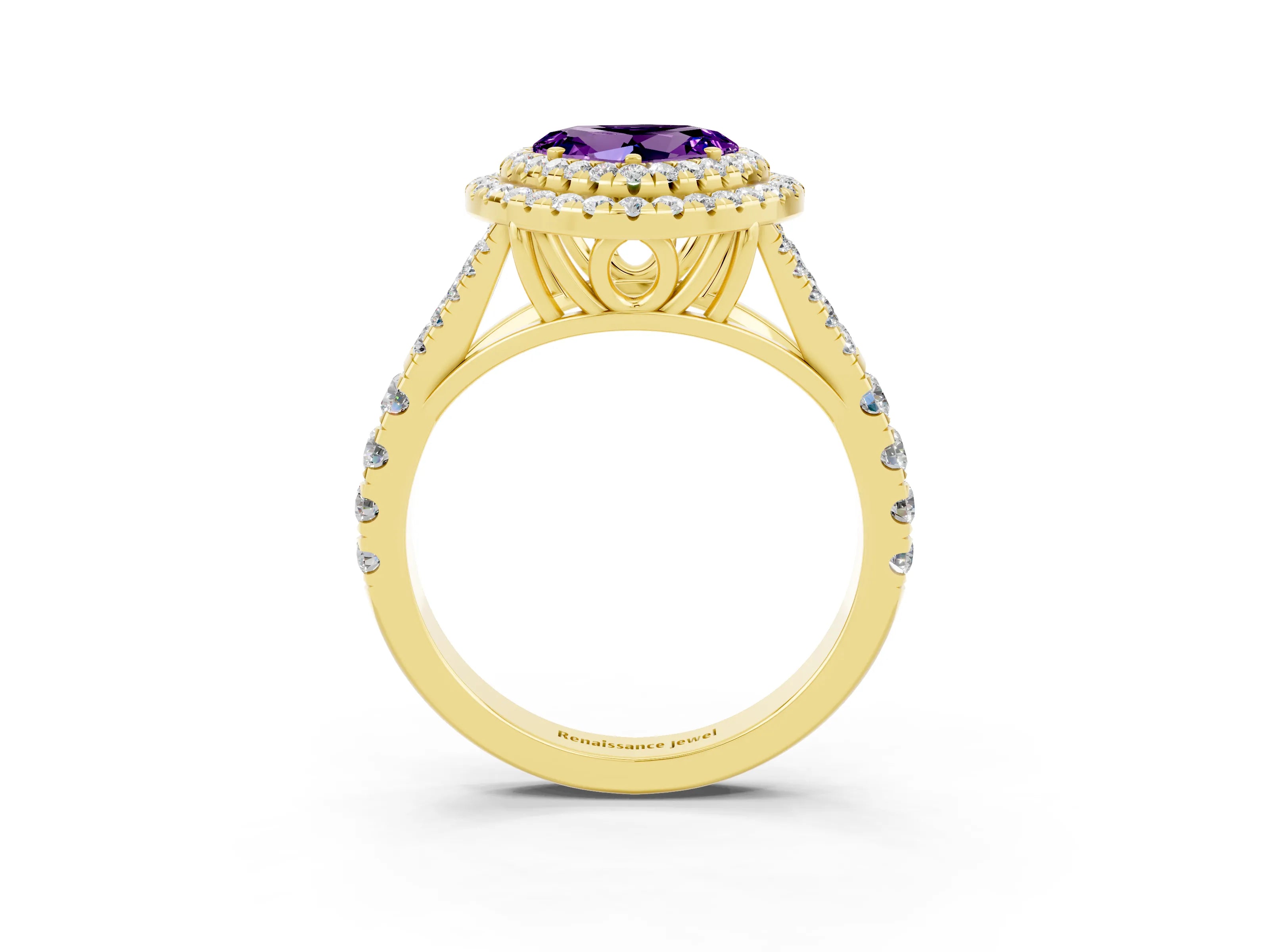 Yellow gold Double Halo Heart Cut Amethyst Split Shank Engagement Ring with Four-Prong Setting_3