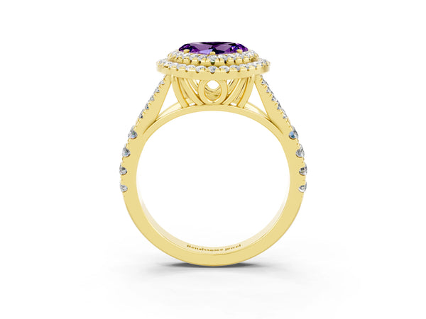 Yellow gold Double Halo Heart Cut Amethyst Split Shank Engagement Ring with Four-Prong Setting
