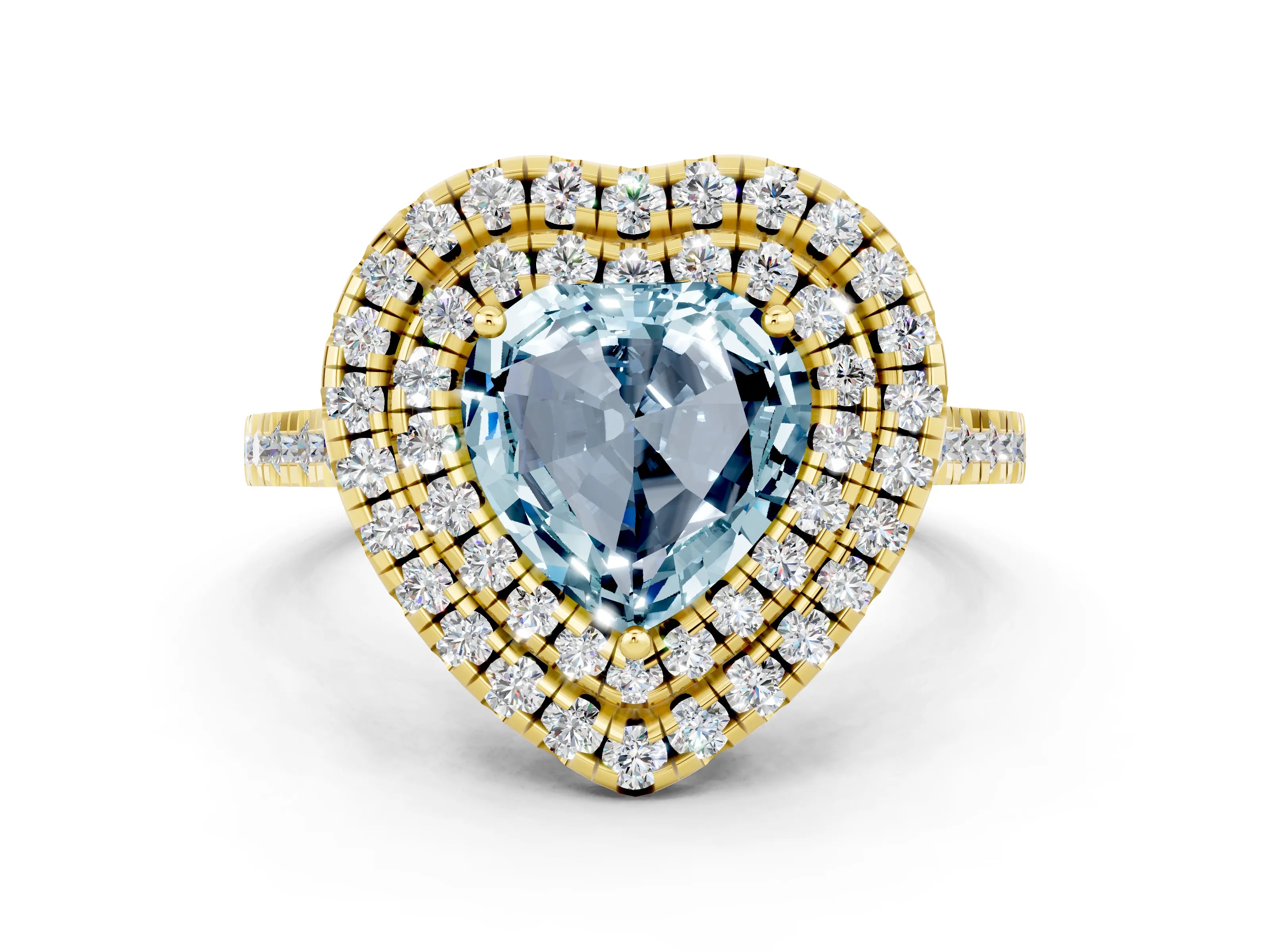 Yellow gold Double Halo Heart Cut Aquamarine Pavé Band with Four-Prong Setting