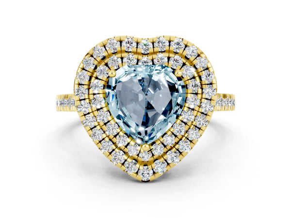 Yellow gold Double Halo Heart Cut Aquamarine Pavé Band with Four-Prong Setting
