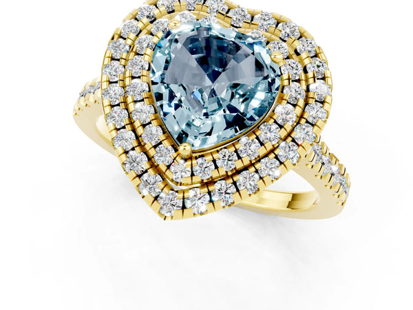 Yellow gold Double Halo Heart Cut Aquamarine Pavé Band with Four-Prong Setting