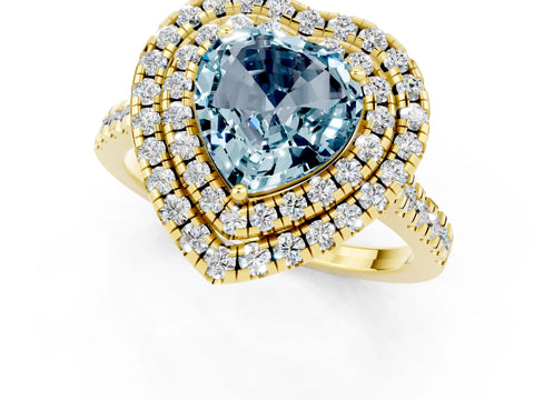 Yellow gold Double Halo Heart Cut Aquamarine Pavé Band with Four-Prong Setting_1