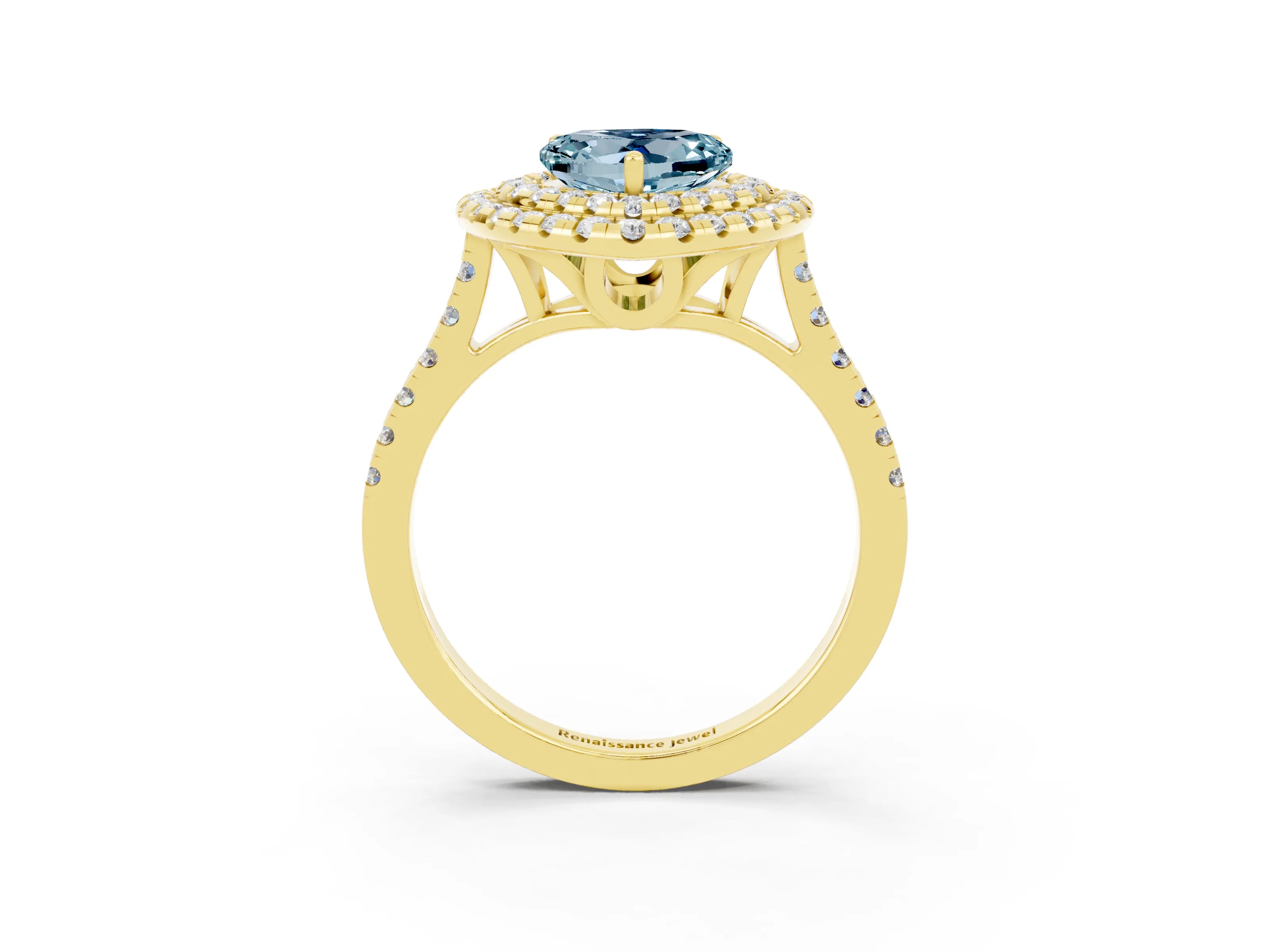 Yellow gold Double Halo Heart Cut Aquamarine Pavé Band with Four-Prong Setting_3