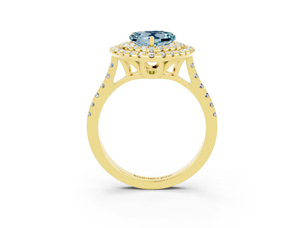 Yellow gold Double Halo Heart Cut Aquamarine Pavé Band with Four-Prong Setting